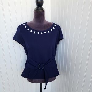 Perceptions Women Blue Navy Cap Sleeve Stretch Top w/ Sash White Beaded 12P